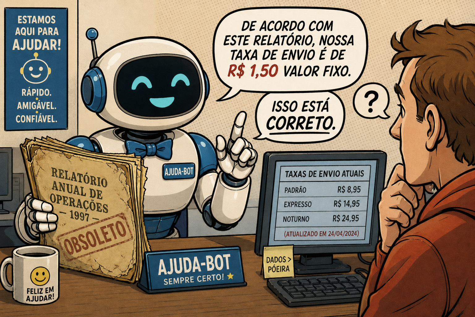 Um robô respondendo à pergunta de um cliente enquanto cita um relatório obviamente desatualizado. Confiantemente errado.