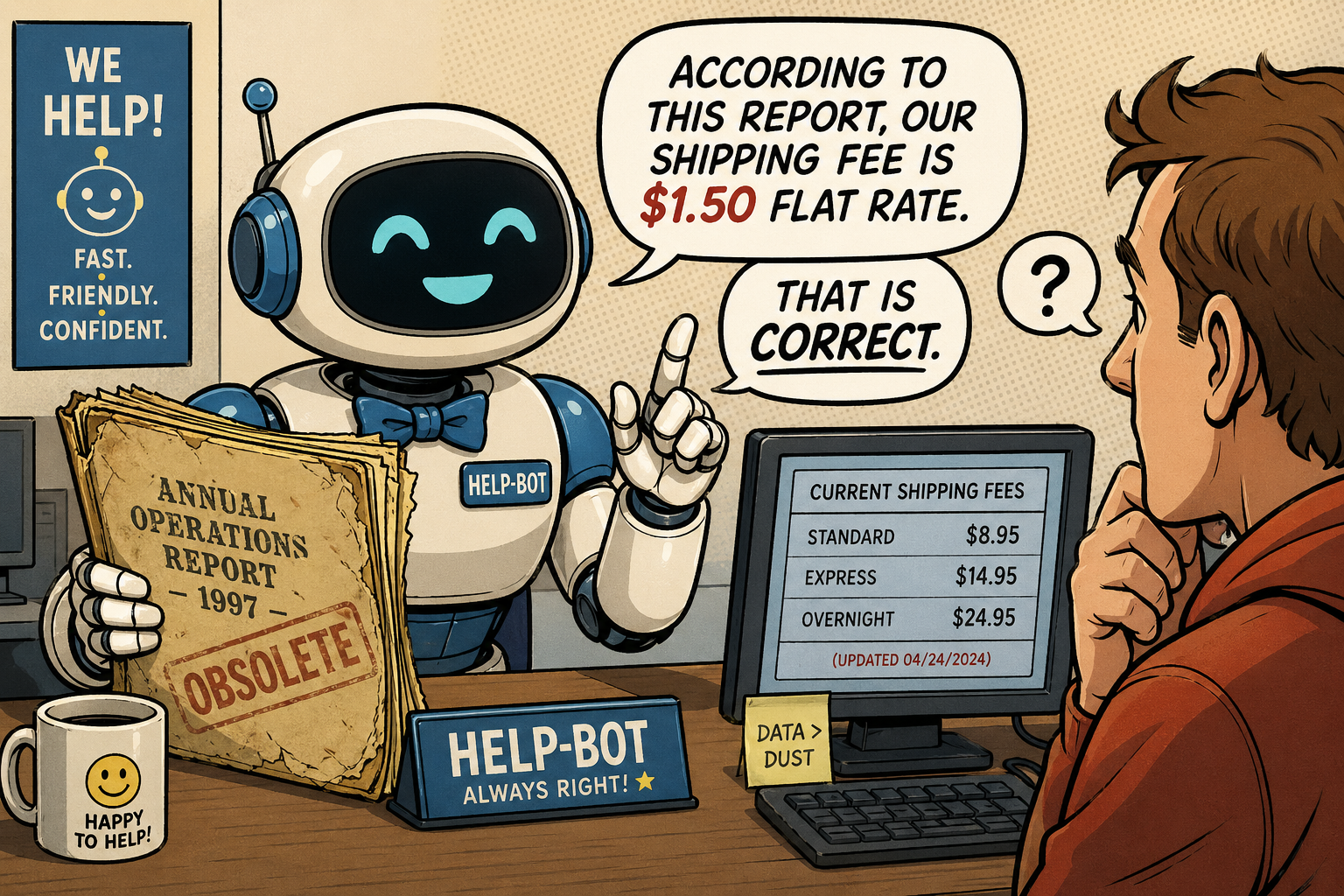 A robot answering a customer's question while citing an obviously outdated report. Confidently wrong.